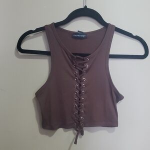 Streetwear Society Lace-Up Brown Ribbed Crop Top Side Small